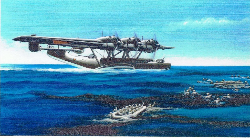 Een tekening van de situatie in zee bij de redding van de drenkelingen, zie de achtergrond de Dornier Do24k X-18