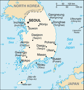 Zuid-Korea,kaart,map,South Korea,CIA,steden,hotels,Noord-Korea,daegu,Incheon.Donghae,vakantie,vliegveld,Busan,Seoul